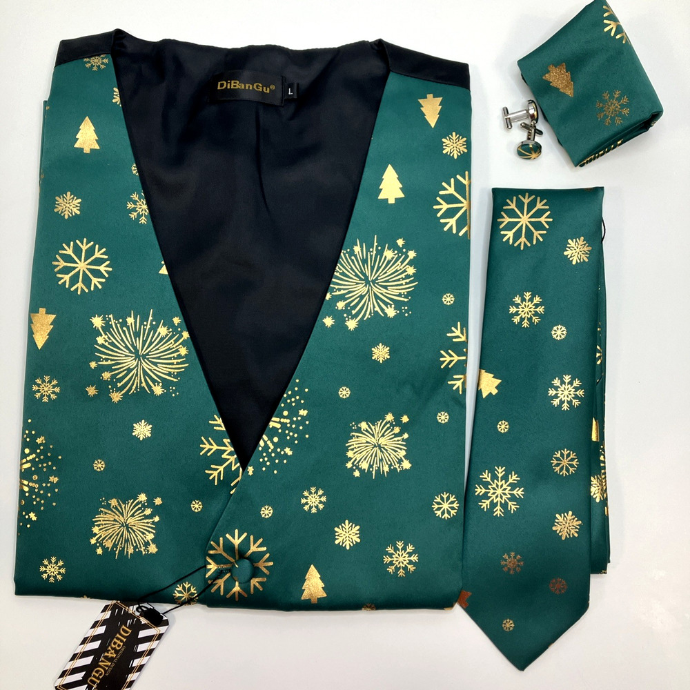 Christmas Men's Suit Vest Tie Set Formal Waistcoat Tuxedo Green Festive sz L